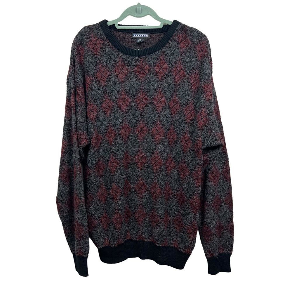 Jantzen Sweater Ribbed Crew Neck and Hem Long Sleeves Gray Burgundy Men Size XL*